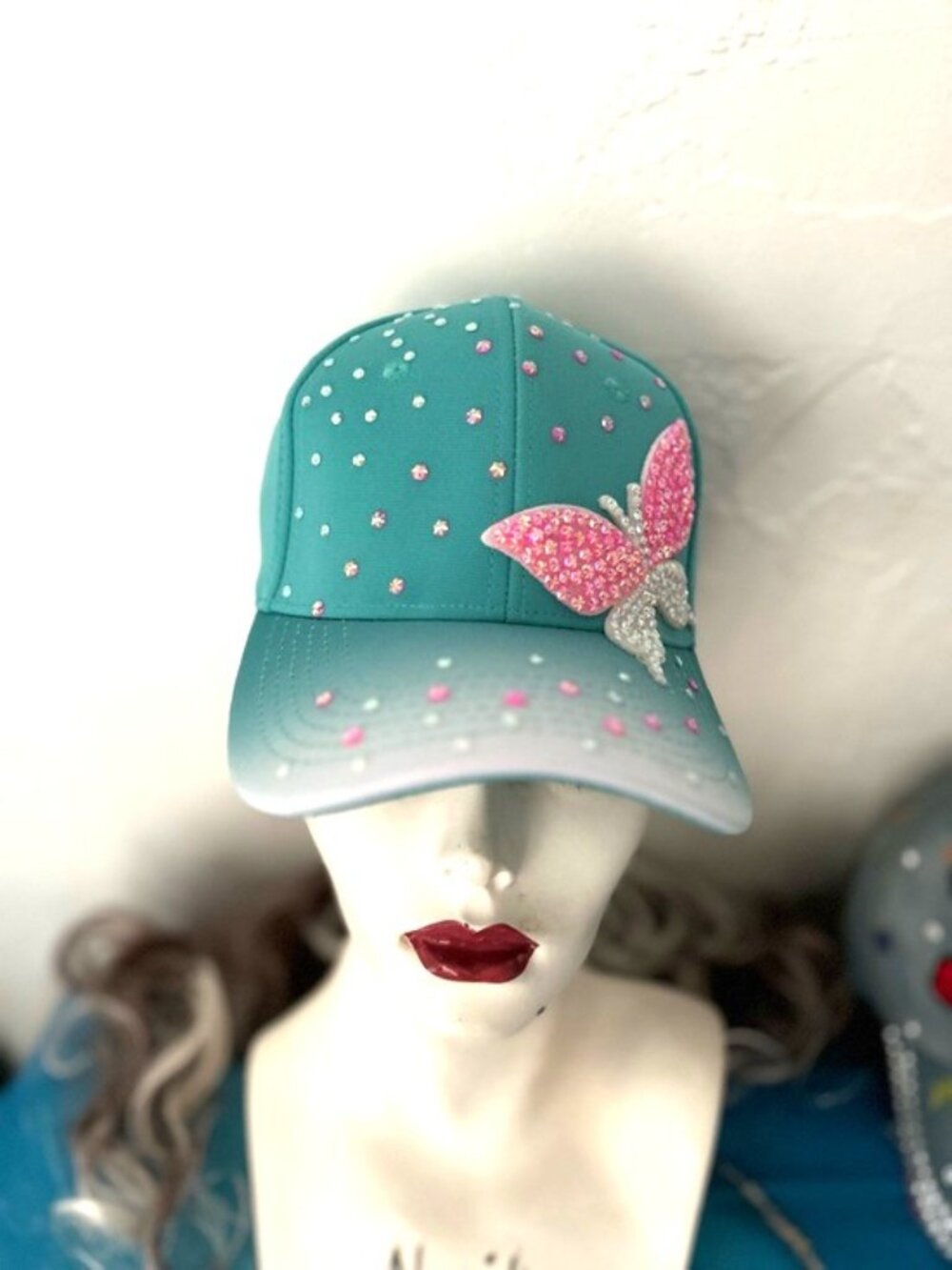 Aqua Blue Rhinestone Butterfly Baseball Cap